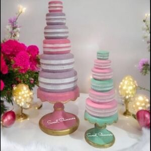 2pc Set Spring Easter Pastel Faux Macaron Tree on Pedestal Sugared Topiary Pink